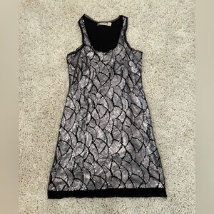Chelsea & Violet XS scooped neck fitted elastic black dress with silver sequins